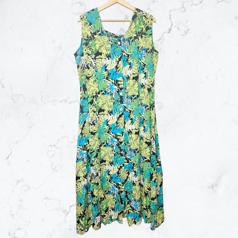 Vintage 90s Green & Blue Tropical Palm Leaf Button Front Sundress Summer Dress